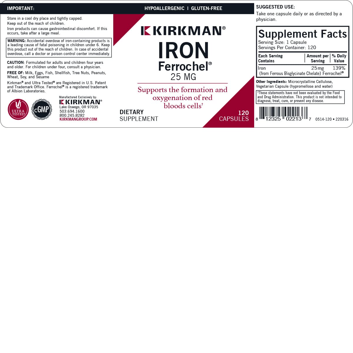 Packaging of Kirkman Iron 25 mg Bio-Max highlighting hypoallergenic composition.