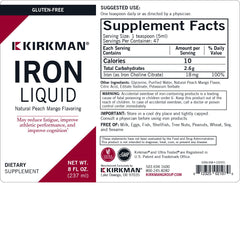 Kirkman Iron Liquid peach-mango flavor in glass with appealing taste.