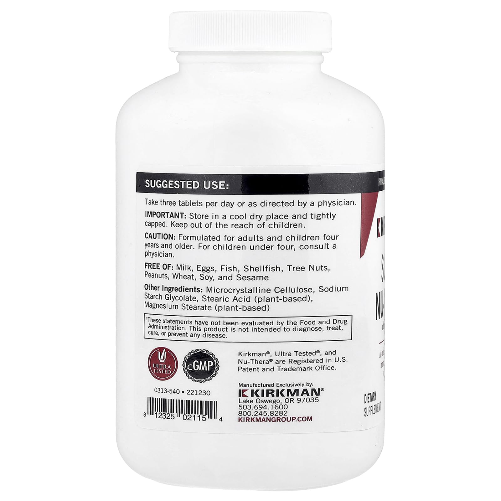 Label view of Kirkman hypoallergenic formulation for gluten and casein-free needs.