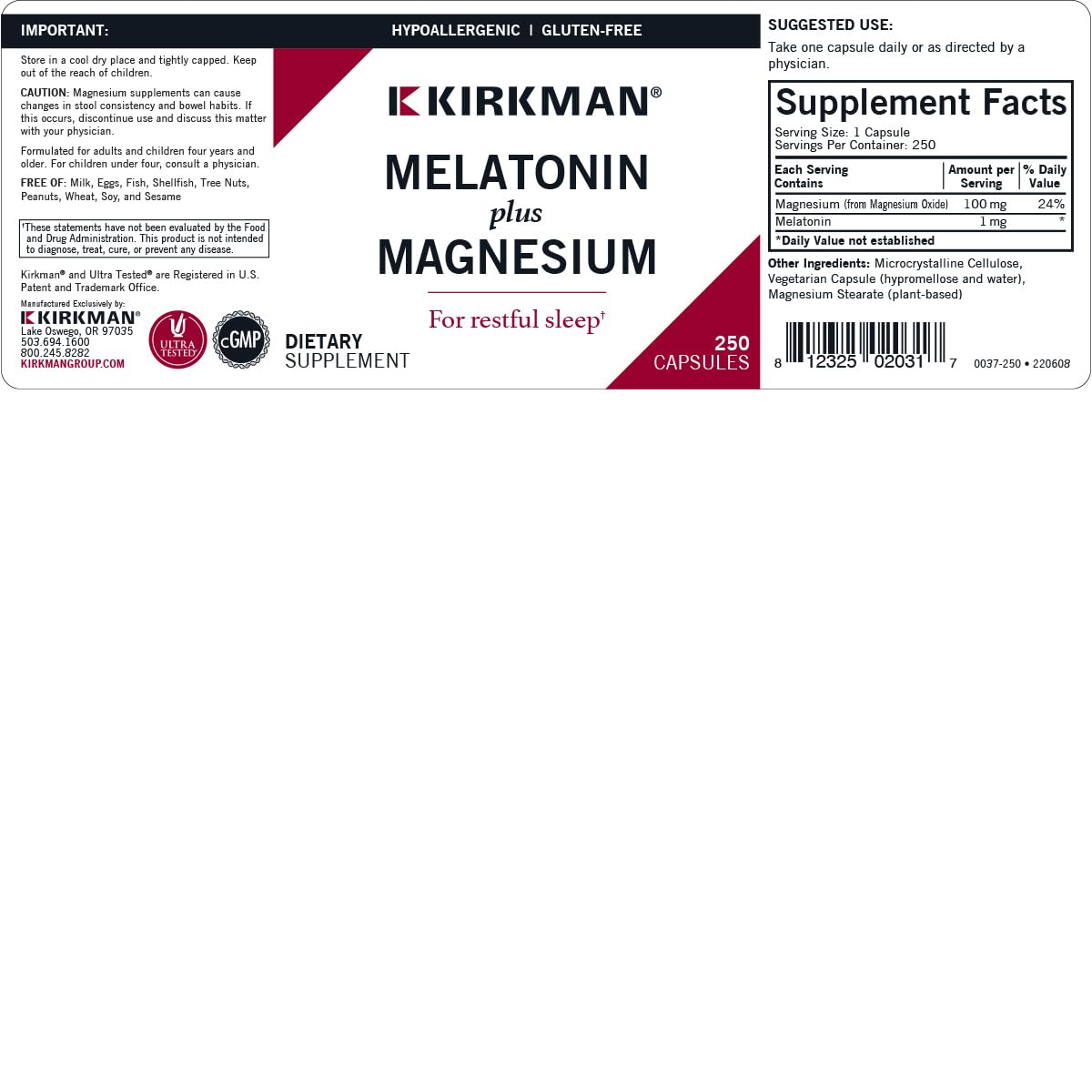 Kirkman Melatonin Plus Magnesium capsules pouring into a hand for dosing.