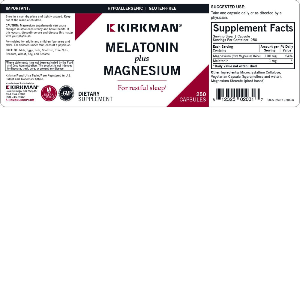 Kirkman Melatonin Plus Magnesium capsules pouring into a hand for dosing.