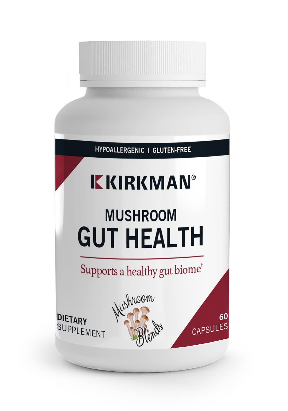 Kirkman Mushroom Gut Health bottle—daily digestive and immune support on the go.