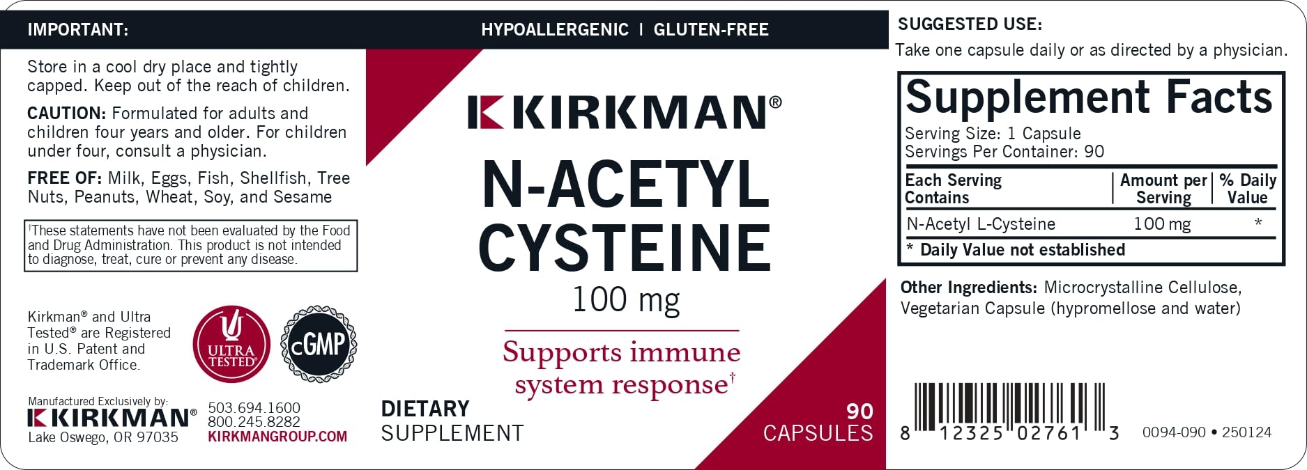 Kirkman NAC capsules close-up highlighting hypoallergenic formula for daily antioxidant support