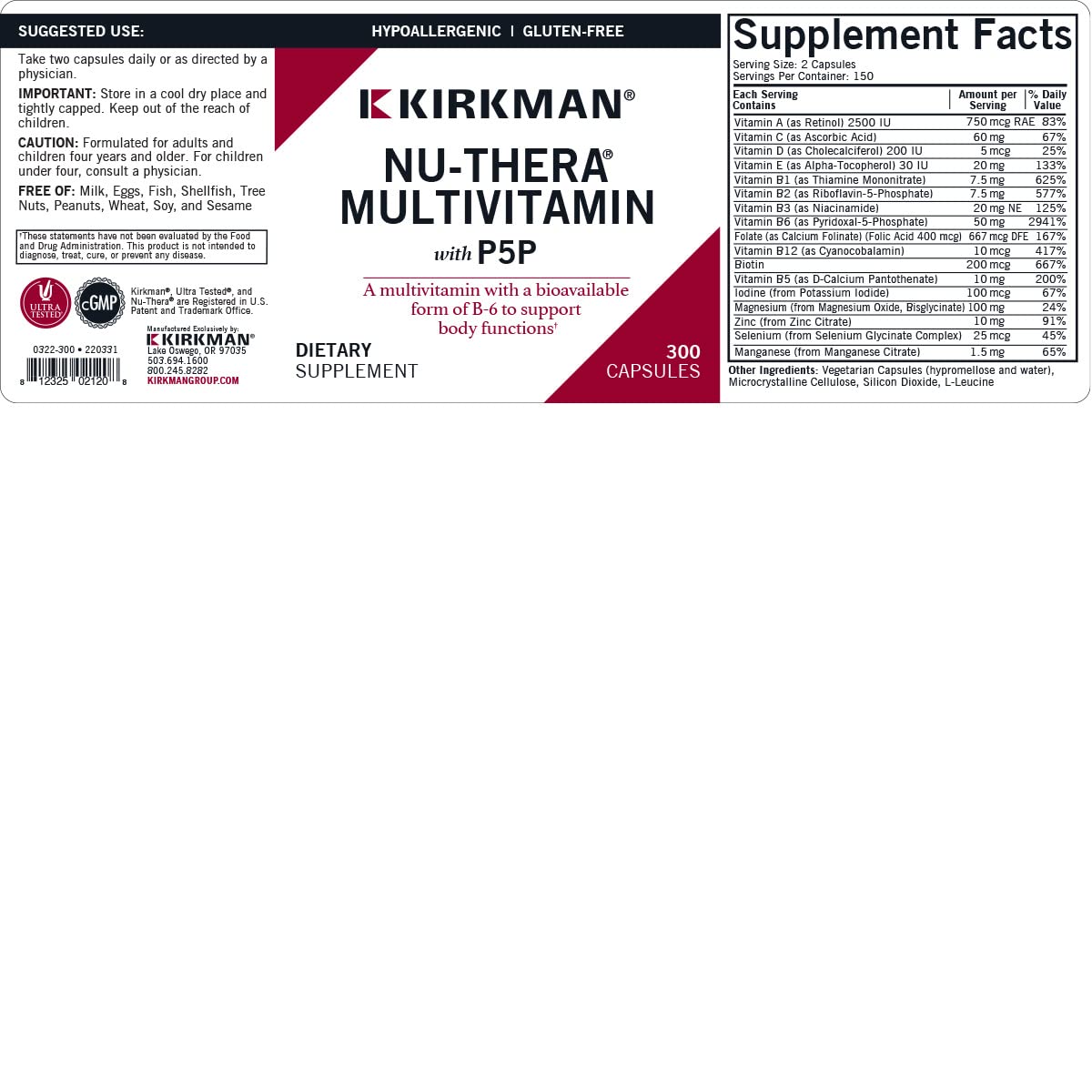 Kirkman Nu-Thera label closeup with clear P-5-P details and ingredients.