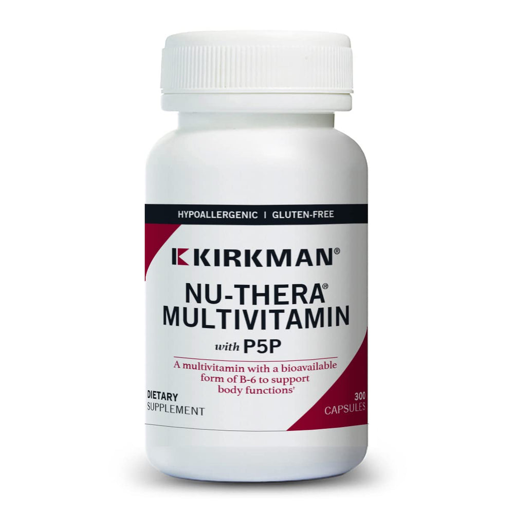 Kirkman Nu-Thera P-5-P bottle shows hypoallergenic packaging for daily use.