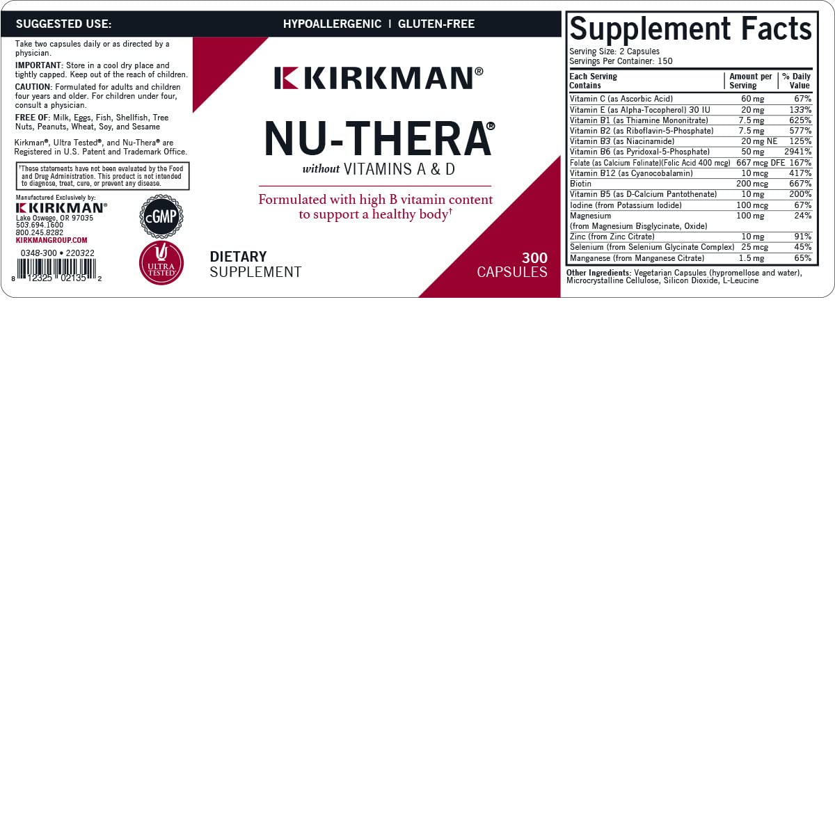 Kirkman Nu-Thera packaging side emphasizing gluten-free capsules