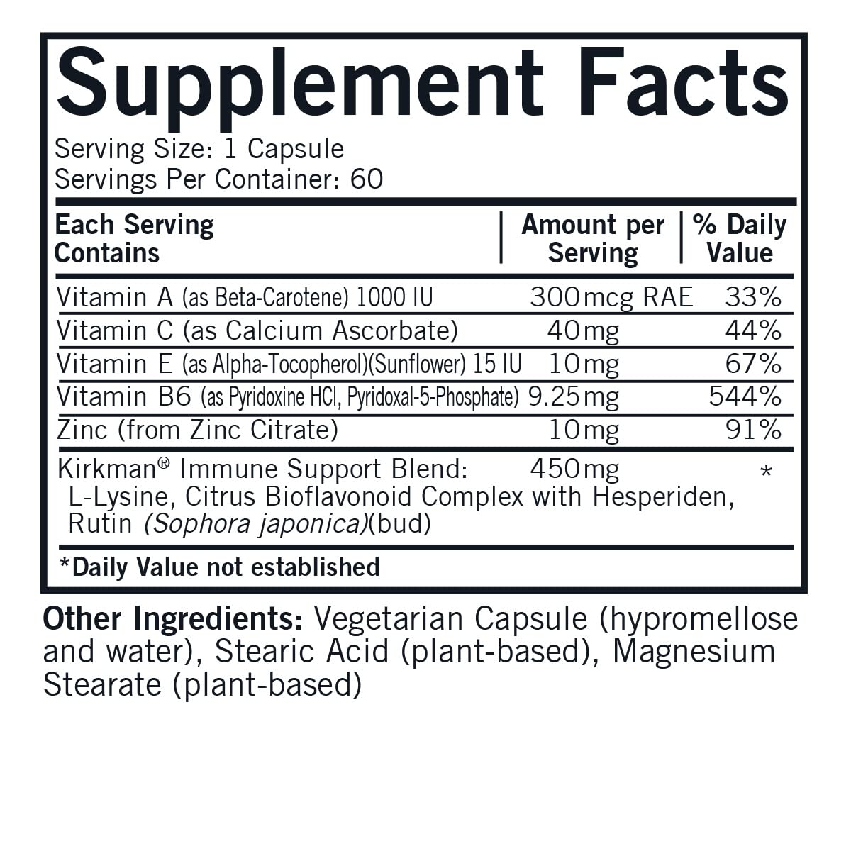 Kirkman Rose Lysine Immune capsule close-up showing vegetarian formula.
