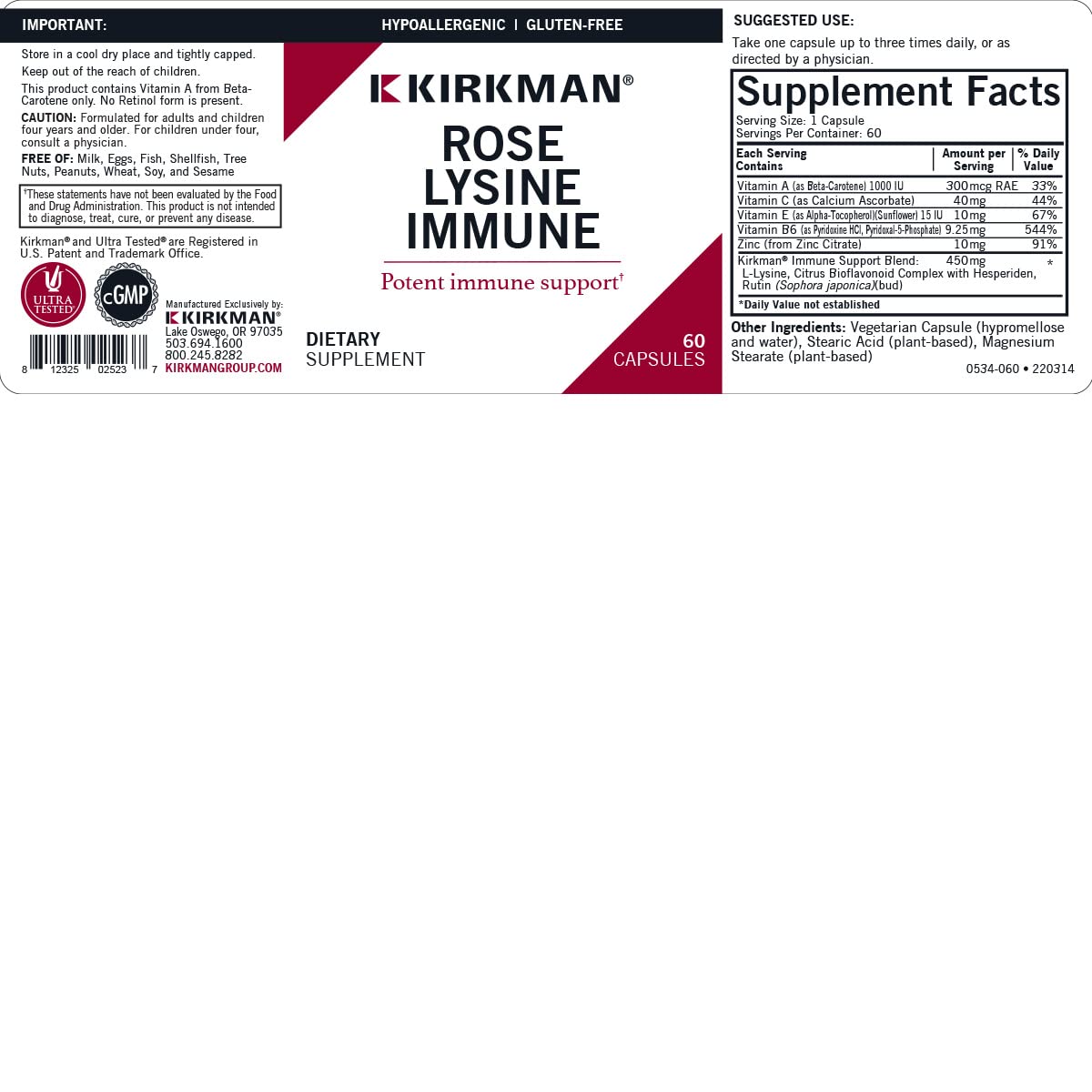 Kirkman Rose Lysine Immune packaging displays ingredients and dosage details.