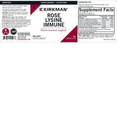 Kirkman Rose Lysine Immune packaging displays ingredients and dosage details.