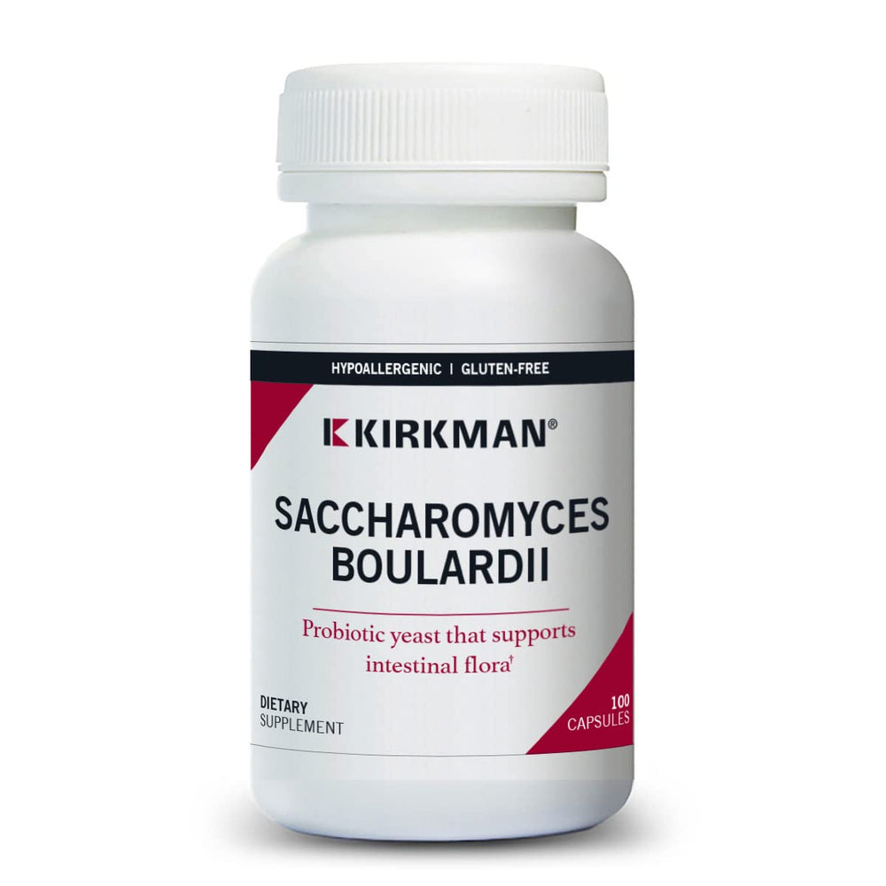 Kirkman Saccharomyces boulardii bottle highlighting probiotic GI support.