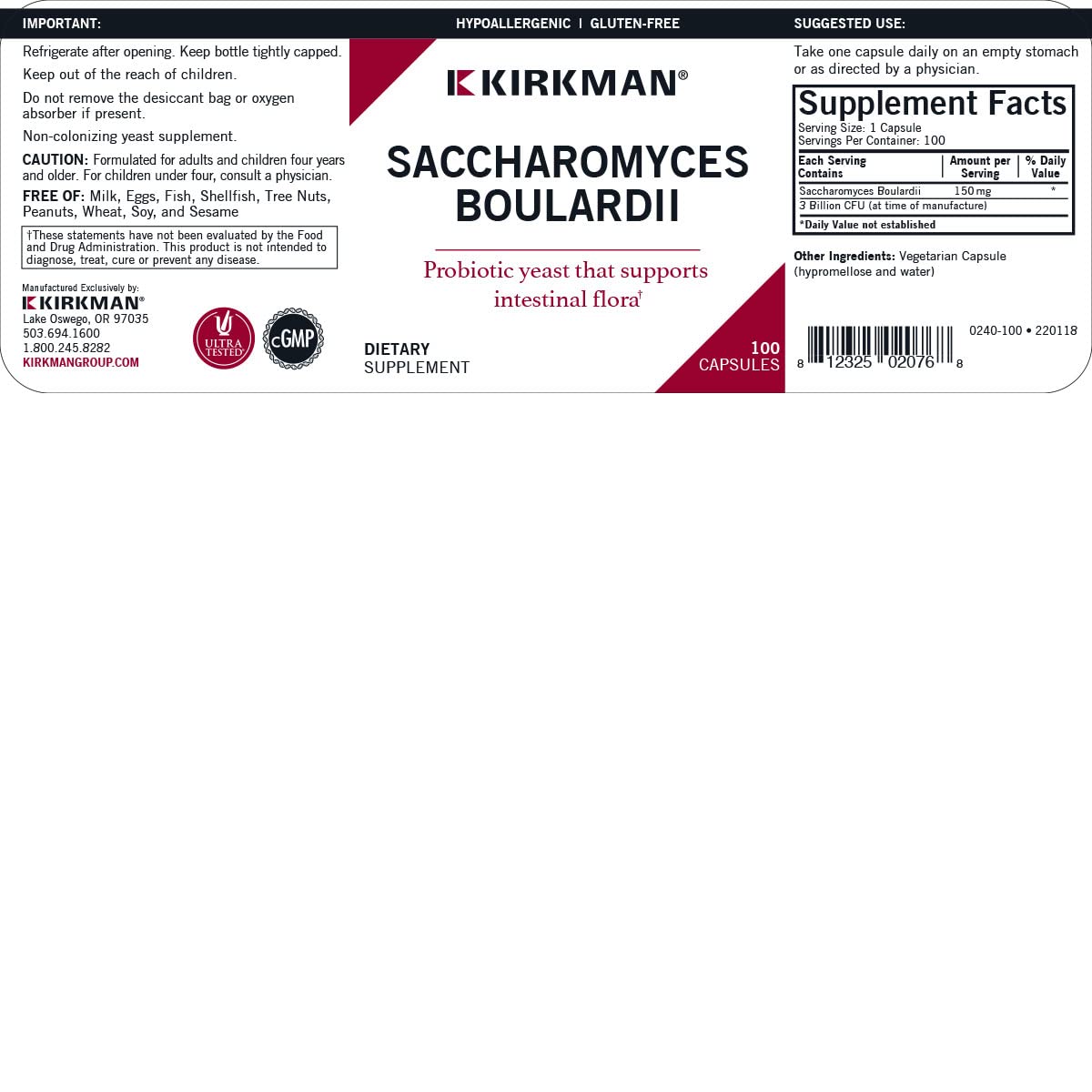 Kirkman Saccharomyces boulardii label close-up showing allergen-free claim.