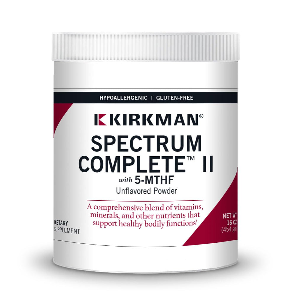 Kirkman Spectrum Complete II powder bottle front showing hypoallergenic formula for sensitive users