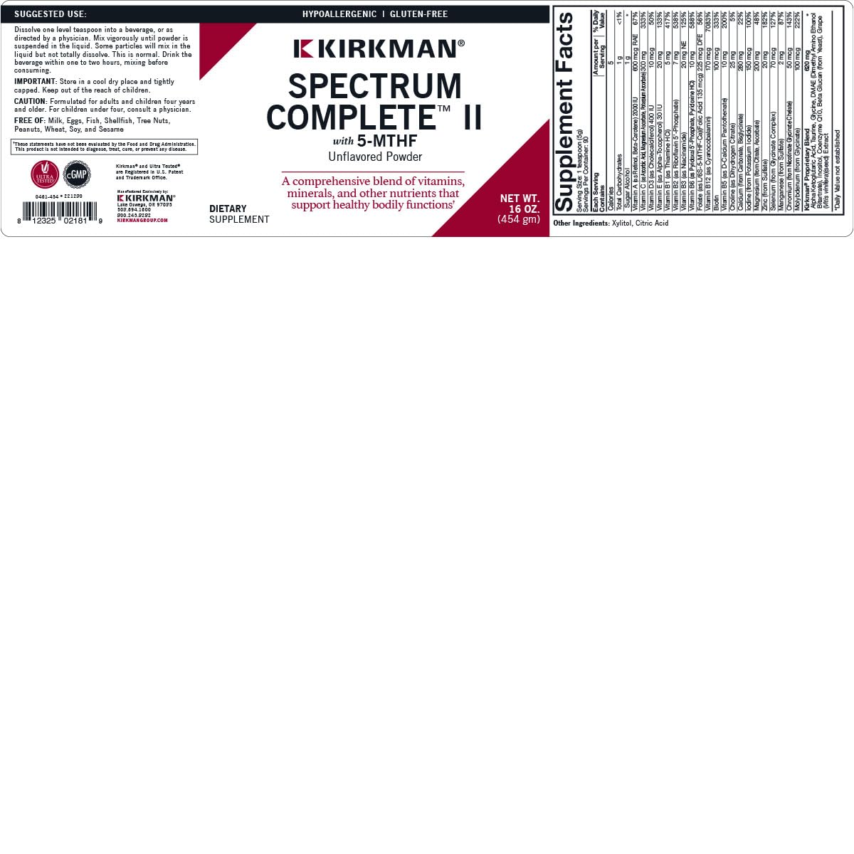 Kirkman Spectrum Complete II powder label closeup highlighting gluten and casein free claim