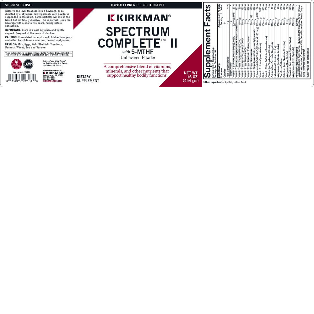 Kirkman Spectrum Complete II powder label closeup highlighting gluten and casein free claim