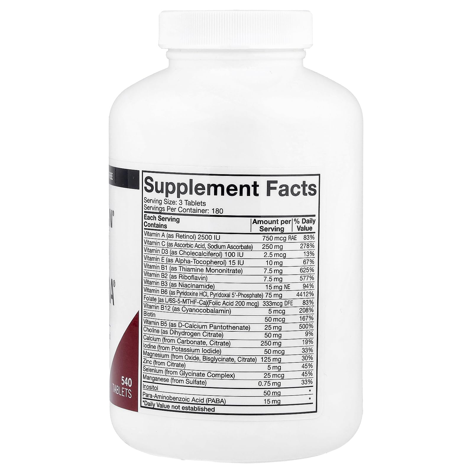 Close-up of Kirkman Super Nu-Thera caplets, highlighting B vitamins and magnesium.