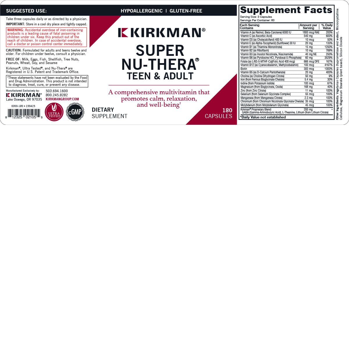 Kirkman Super Nu-Thera capsules closeup, plant-based formula for sensitive needs.