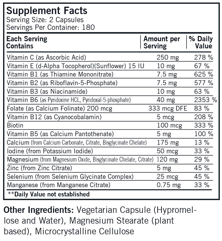 Kirkman Super Nu-Thera capsules closeup emphasizes high B6 and magnesium content.