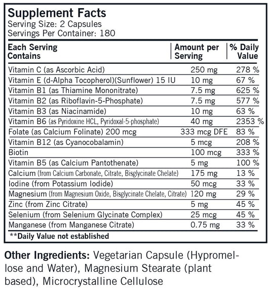 Kirkman Super Nu-Thera capsules closeup emphasizes high B6 and magnesium content.