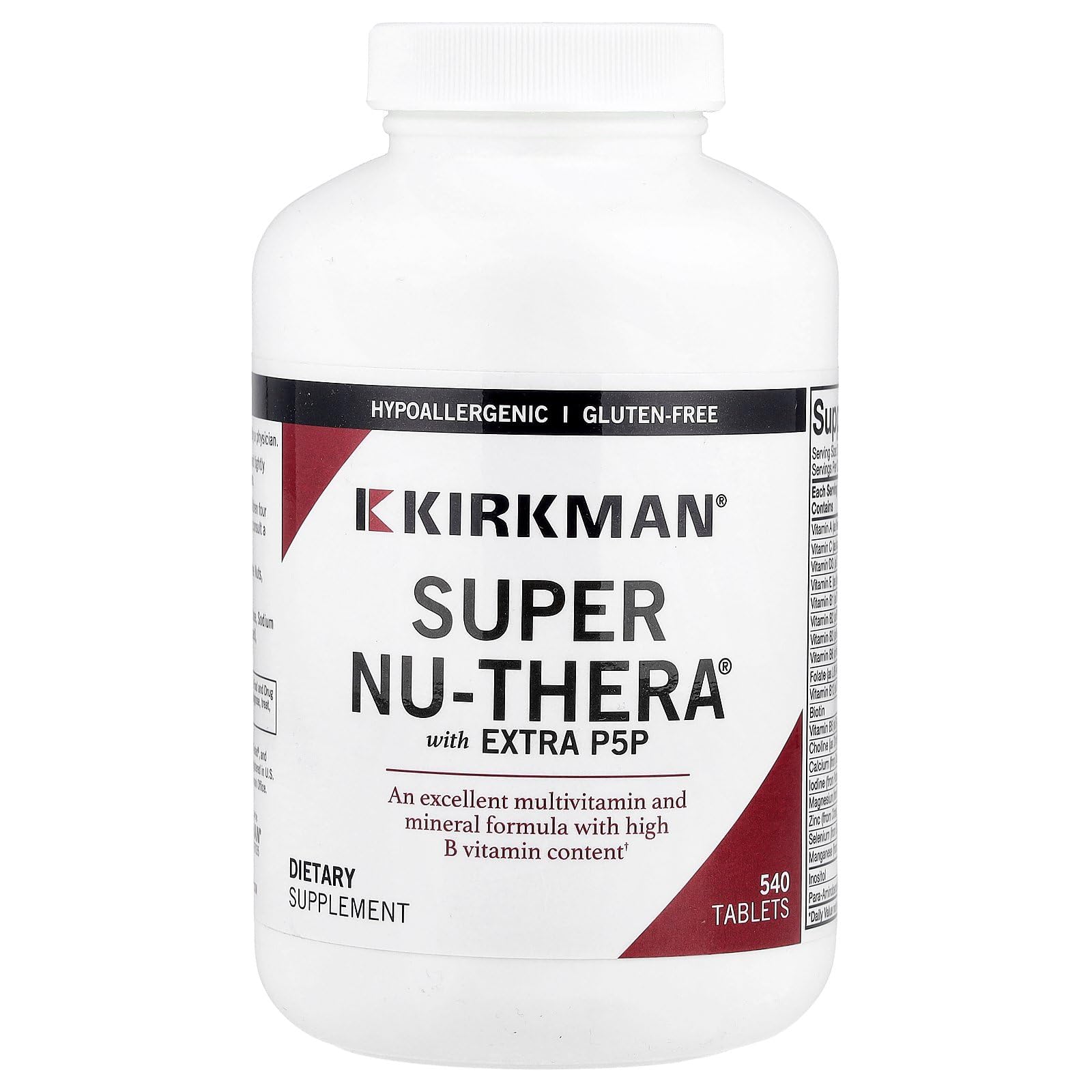 Kirkman Super Nu-Thera Extra P5P bottle; hypoallergenic multivitamin for sensitive diets.