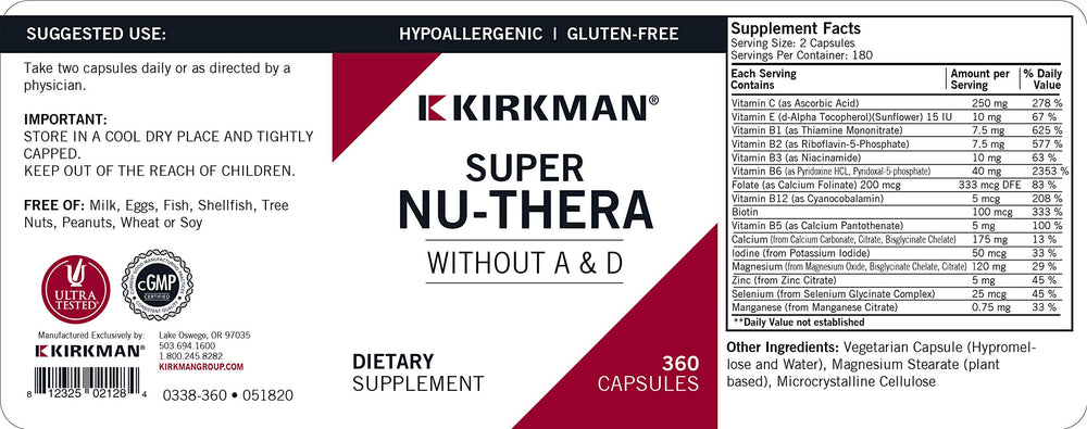 Kirkman Super Nu-Thera label ingredients shows gluten- and casein-free formula.