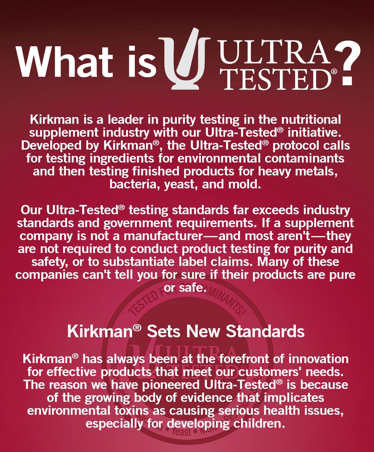 Kirkman Super Nu-Thera nutrition label highlighting testing and ingredients.
