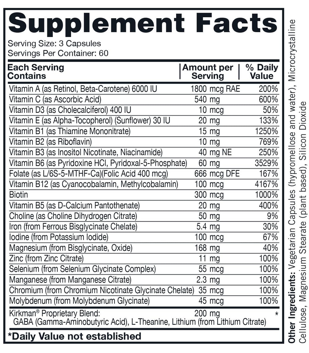 Kirkman Super Nu-Thera capsules display plant-based delivery for everyday use.