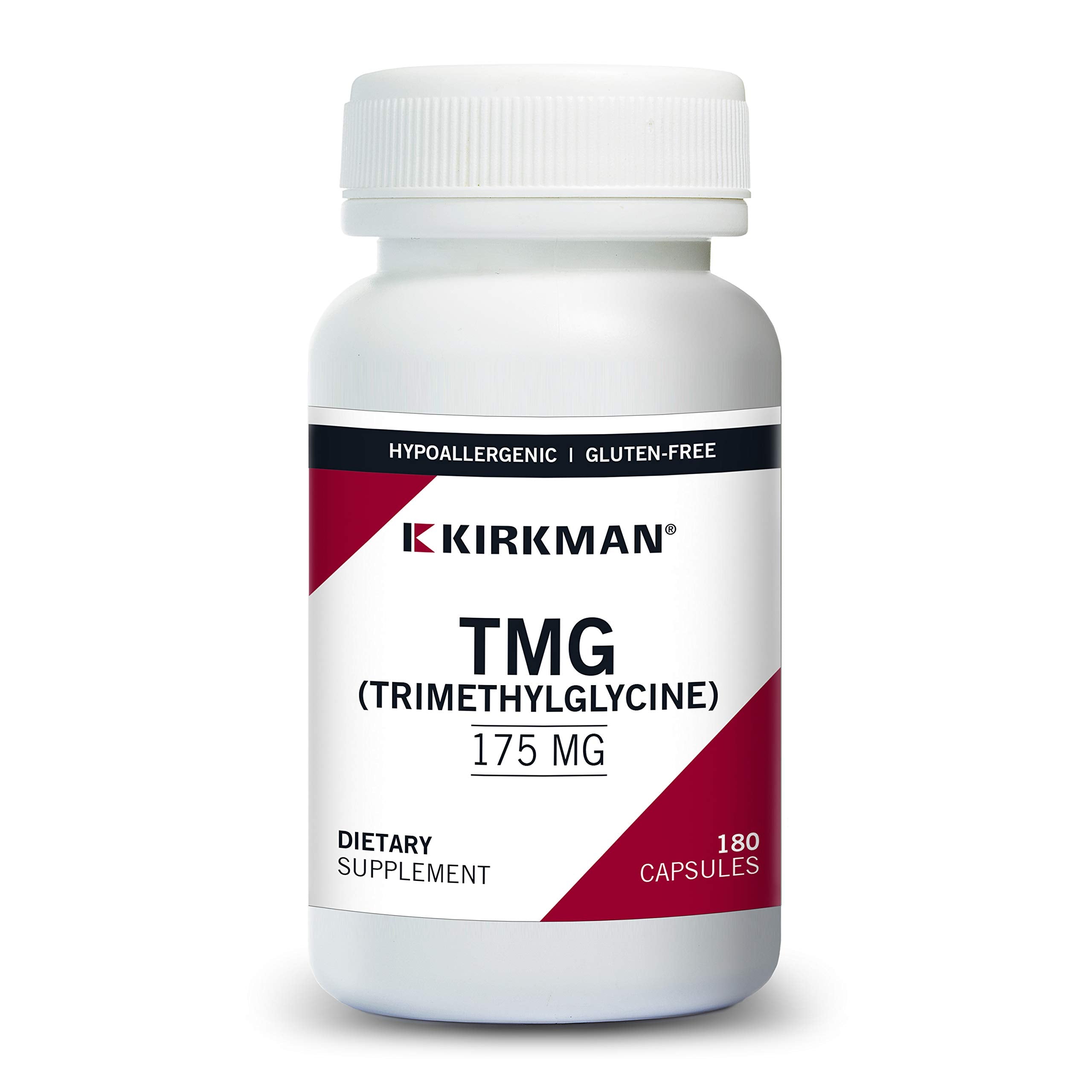 Kirkman TMG 175 mg bottle close-up in natural light, showing a hypoallergenic, plant-based supplement.
