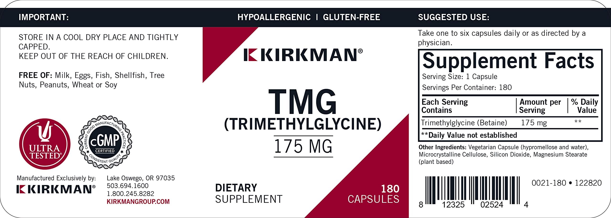 Kirkman TMG 175 mg bottle on kitchen counter, beets-derived source emphasized.