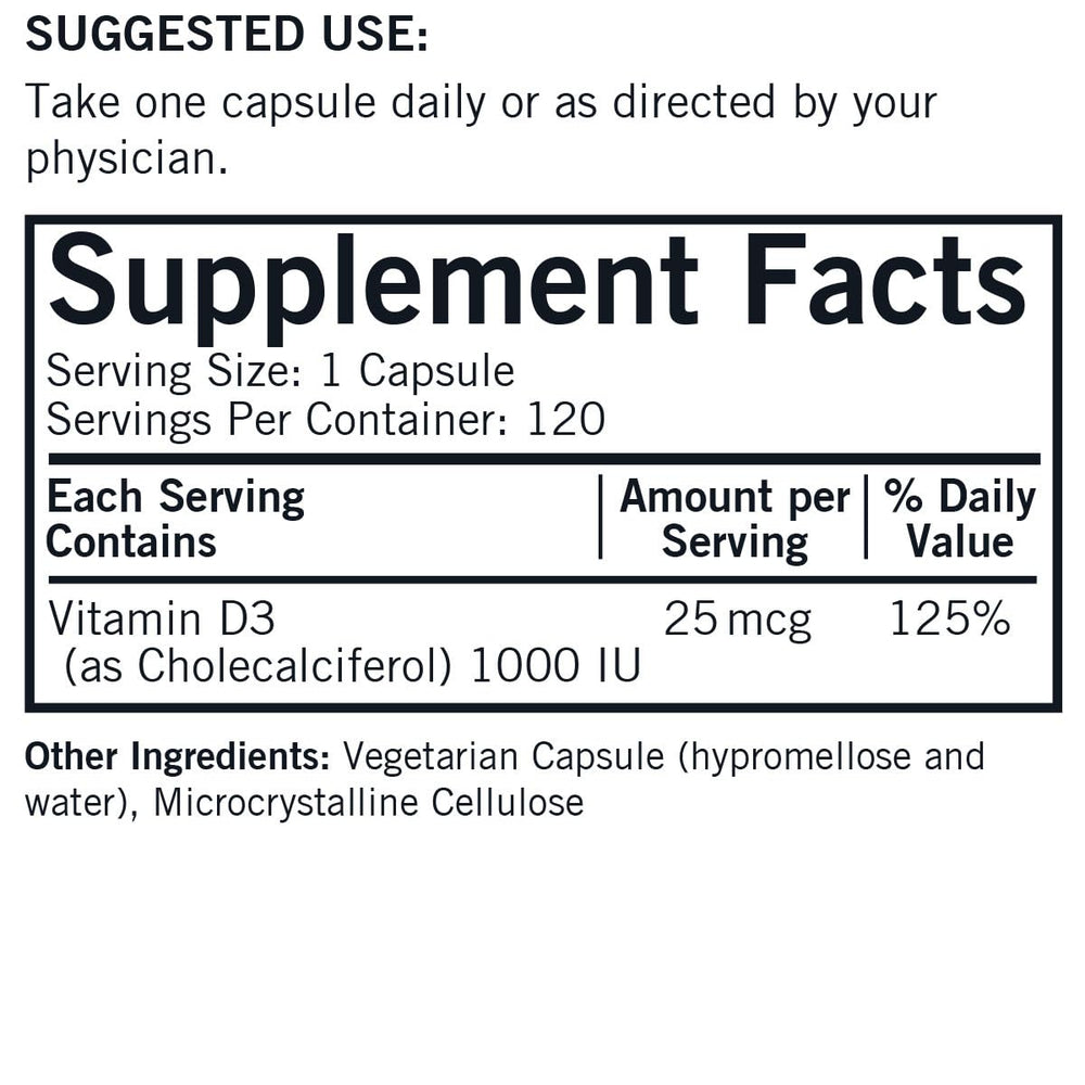 Kirkman Vitamin D-3 1000 IU bottle label close-up highlighting dosage
