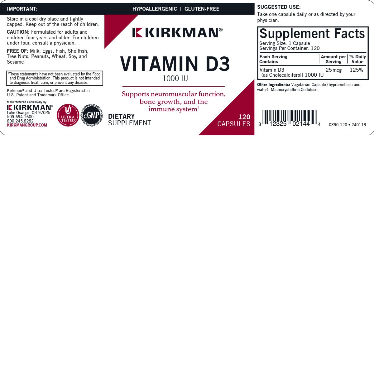 Kirkman Vitamin D-3 1000 IU capsules spilling for daily supplement routine