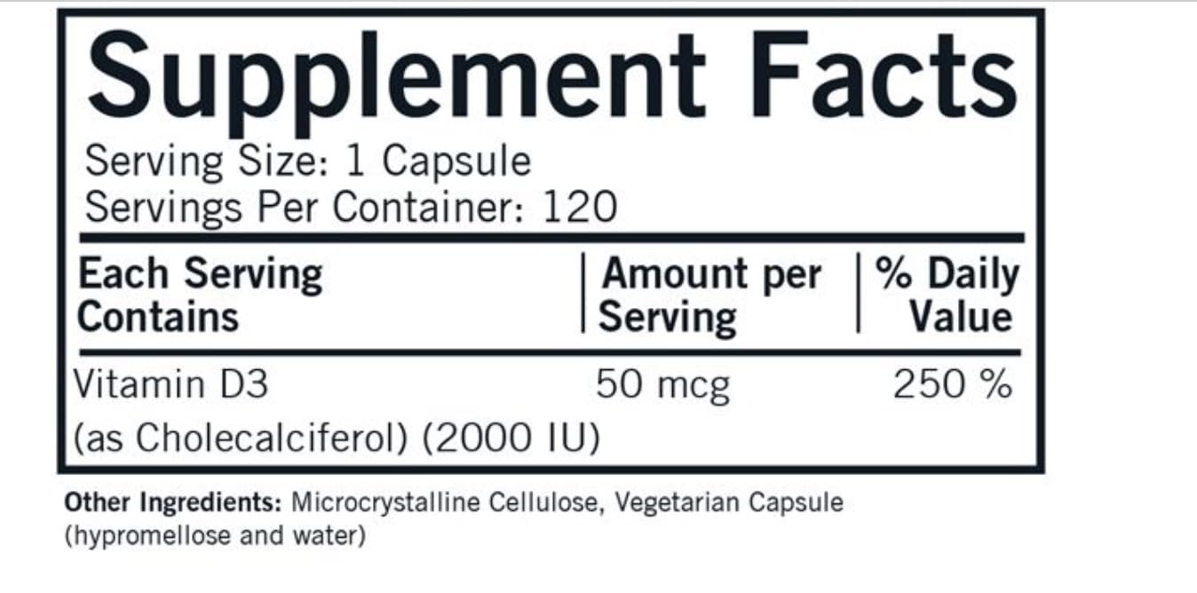 Kirkman Vitamin D-3 2000 IU bottle back highlights hypoallergenic formula.