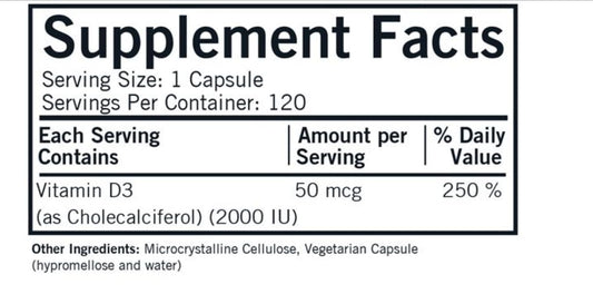 Kirkman Vitamin D-3 2000 IU bottle back highlights hypoallergenic formula.