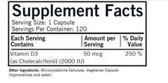 Kirkman Vitamin D-3 2000 IU bottle back highlights hypoallergenic formula.