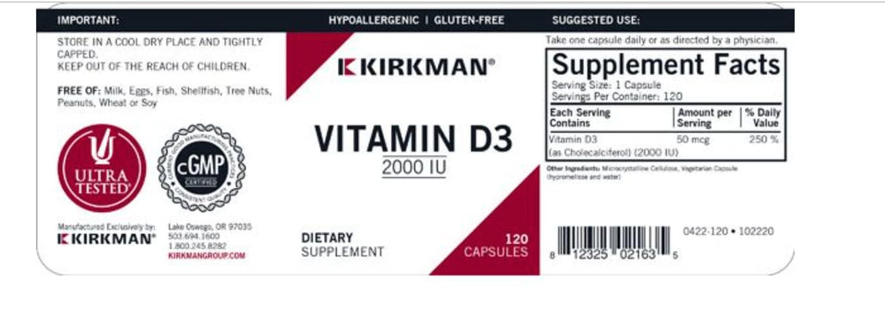 Kirkman Vitamin D-3 2000 IU capsules close-up shows capsule texture.