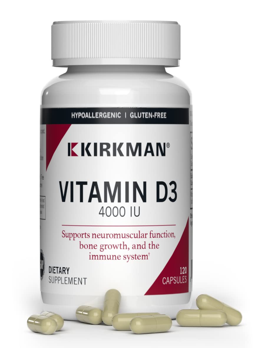 Kirkman Vitamin D3 4000 IU bottle front view for daily immune and bone support.