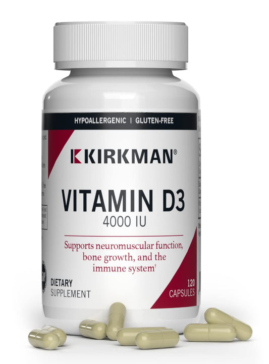 Kirkman Vitamin D3 4000 IU bottle front view for daily immune and bone support.