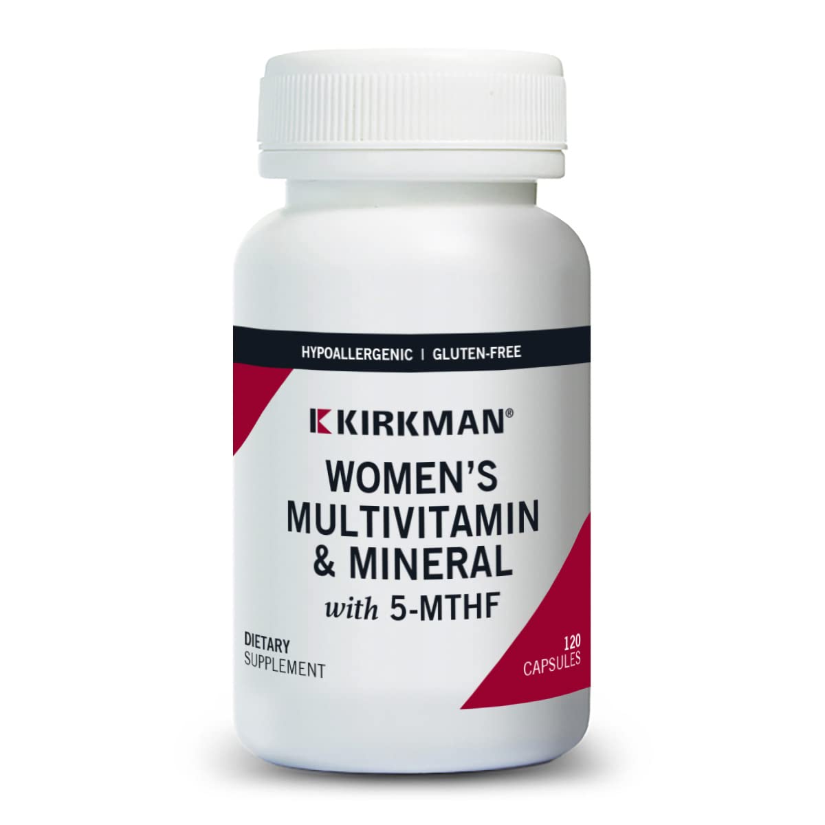 Kirkman Women’s Multivitamin & Mineral 5-MTHF bottle showing plant-based capsules for daily wellness support.