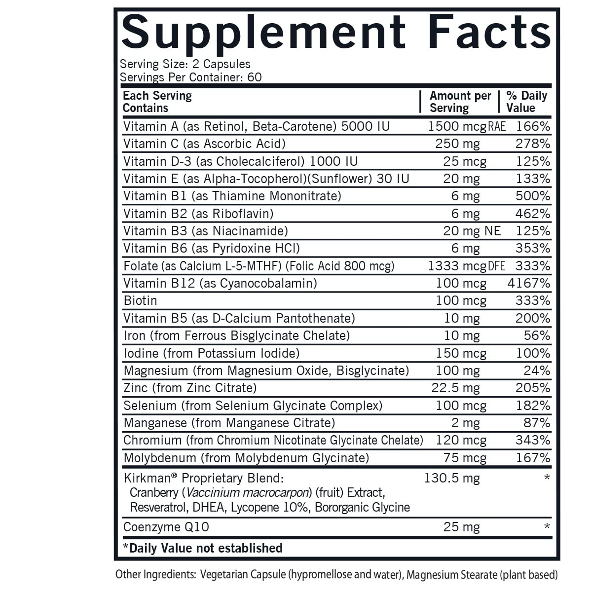 Kirkman Women’s Multivitamin 5-MTHF capsules ready for easy daily use.