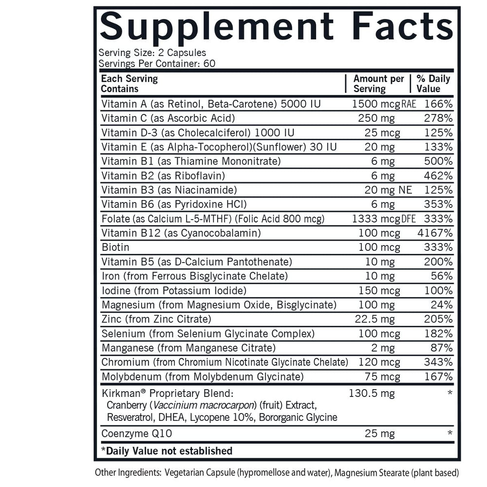 Kirkman Women’s Multivitamin 5-MTHF capsules ready for easy daily use.