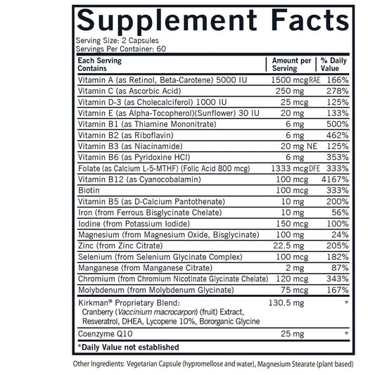 Kirkman Women’s Multivitamin 5-MTHF capsules ready for easy daily use.