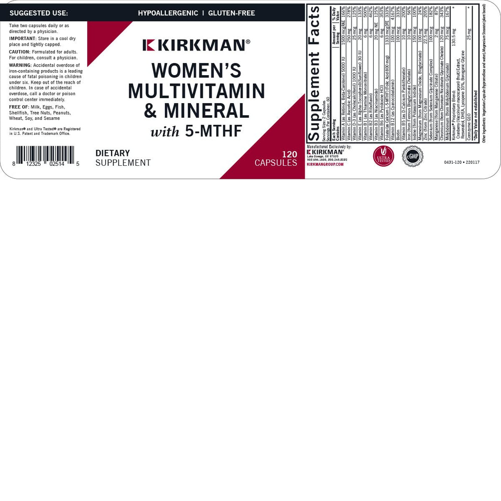 Kirkman 5-MTHF bottle label highlights gluten-free, dairy-free formulation.