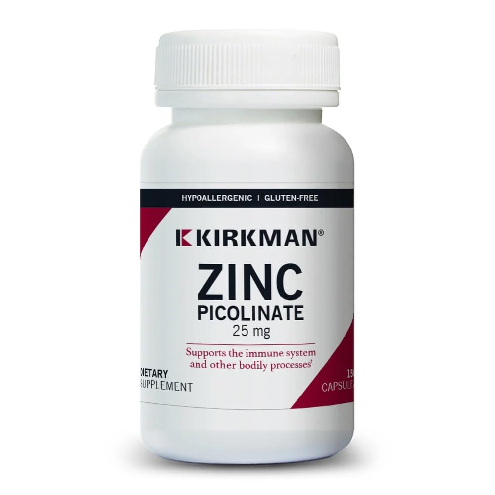 Kirkman Zinc Picolinate 25 mg bottle front view may support immune health and digestion.