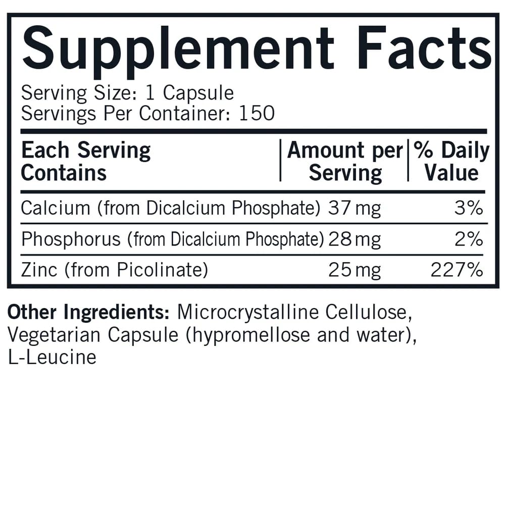 Kirkman Zinc Picolinate 25 mg capsules close-up showing vegetarian pills for absorption.