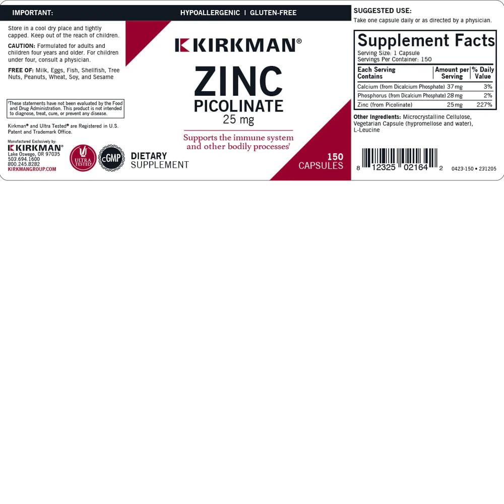 Kirkman Zinc Picolinate 25 mg label view emphasizing gluten-free and casein-free formulation.