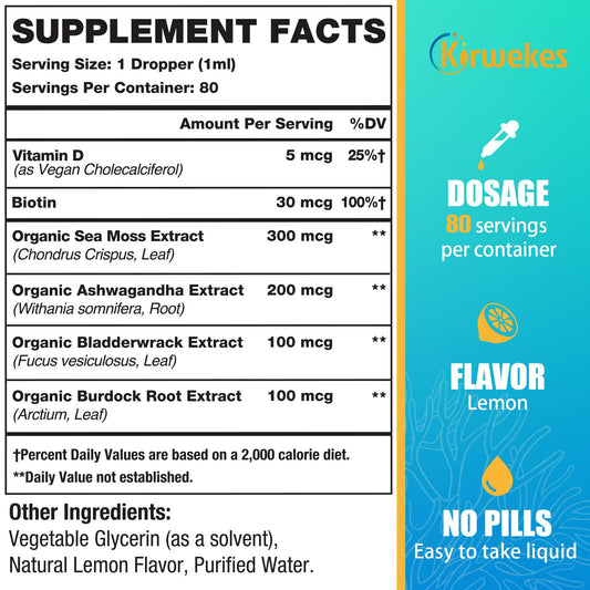 Ingredient panel showing organic sea moss, ashwagandha, bladderwrack and biotin