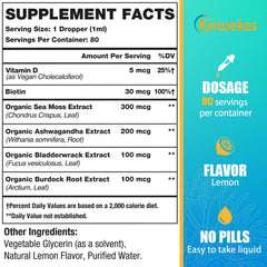 Ingredient panel showing organic sea moss, ashwagandha, bladderwrack and biotin