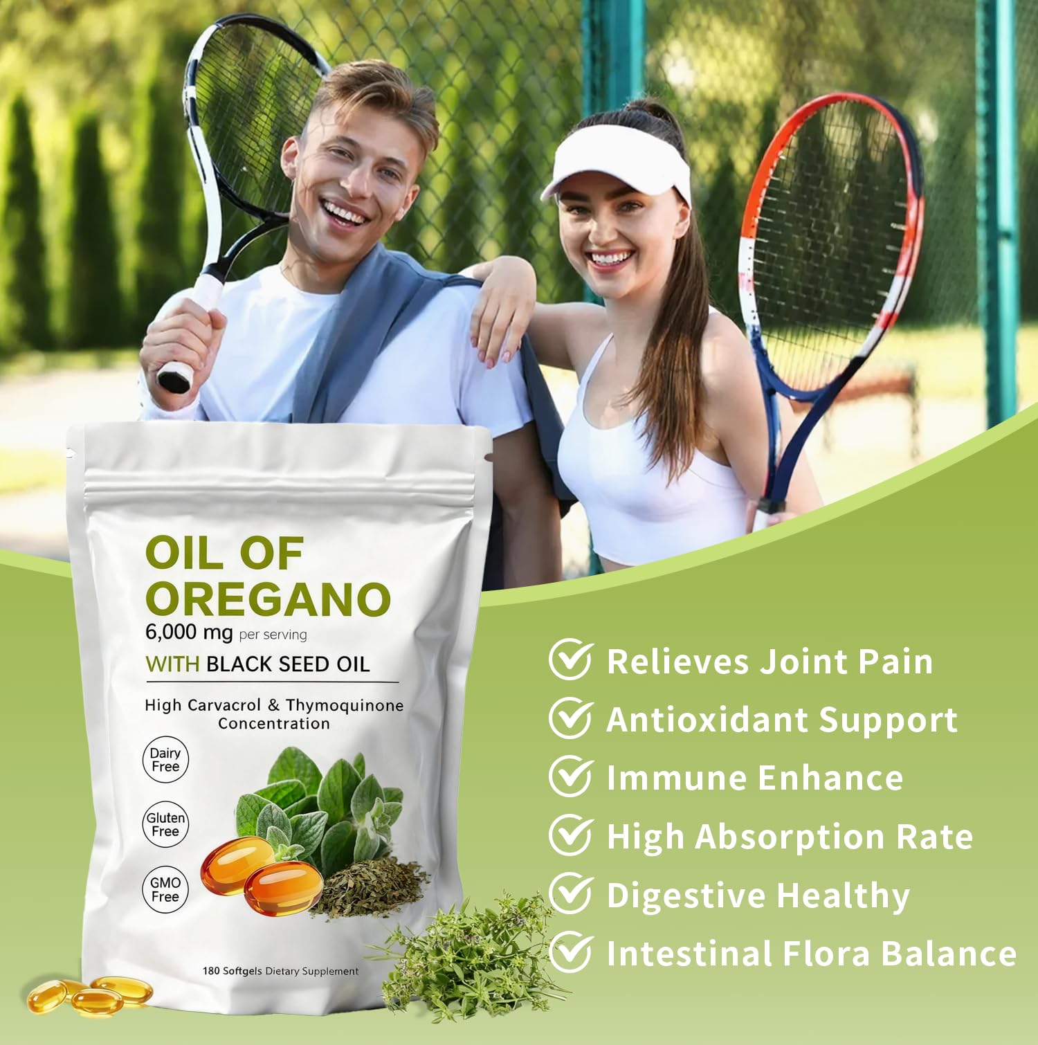 KITABIO Oregano Softgels label shows non-GMO and gluten-free features.