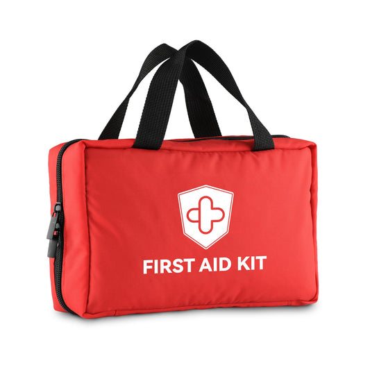 Kitgo first aid kit red bag with essential supplies for home or car use.