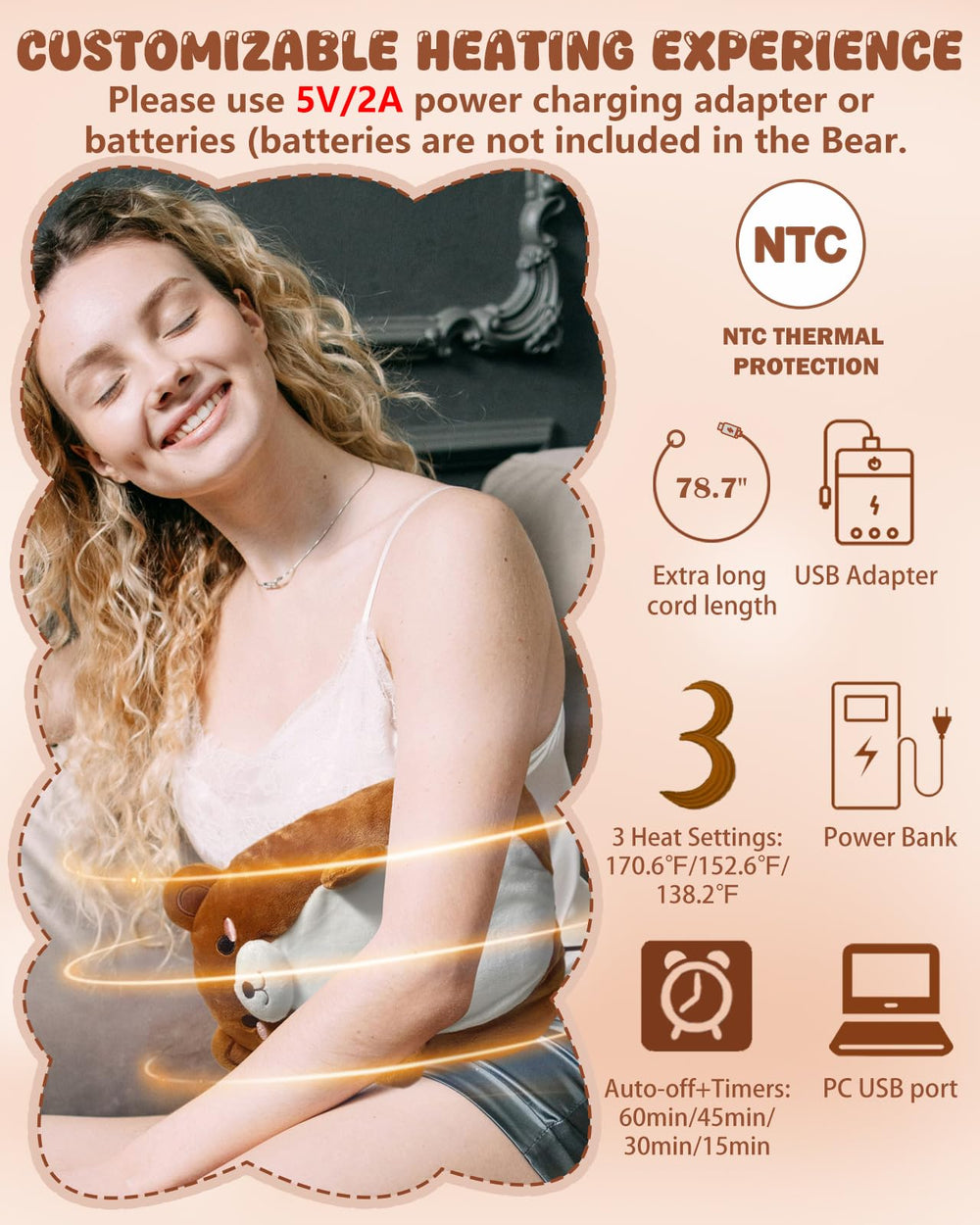 Kivdes Bear USB heating pad in lap to demonstrate portable comfort on the go