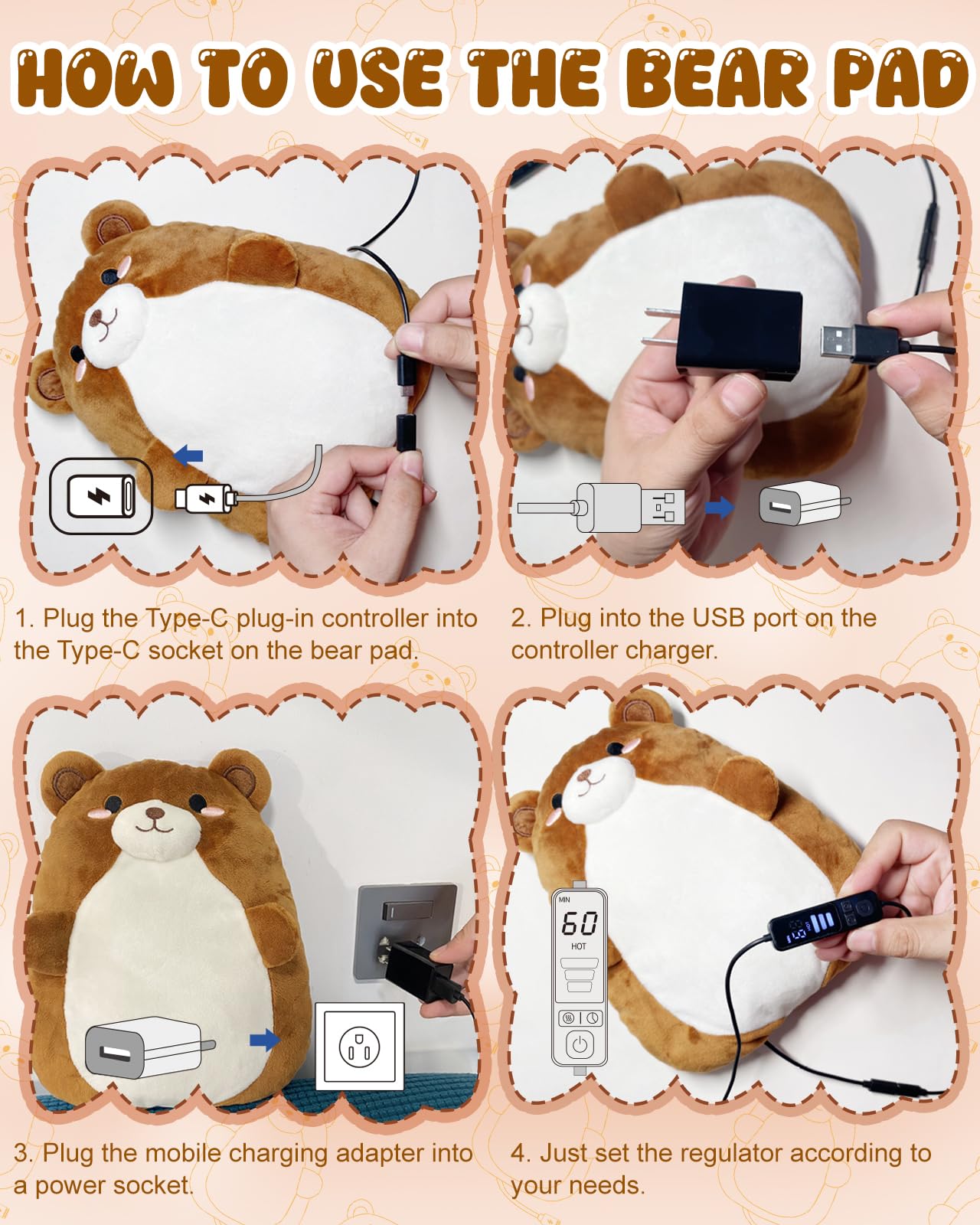 Kivdes Bear USB heating pad closeup with sensors for steady heating
